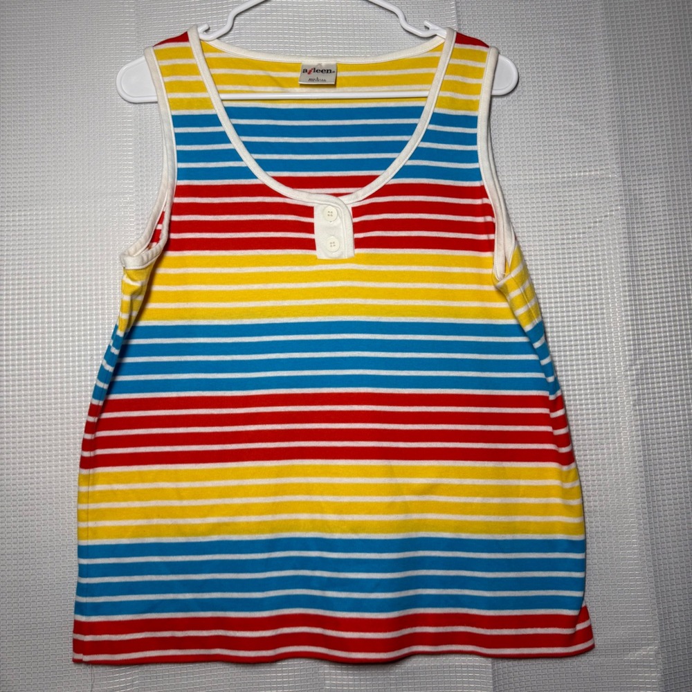 Aileen‎ Striped Henley Tank Top Large Multicolor Vintage Style Cotton Sleeveless
